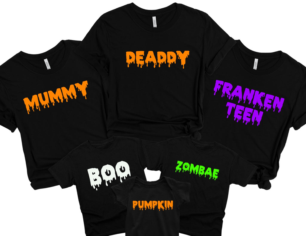 matching halloween shirts for a family of six members coordinating on the halloween holiday in themed shirts that are screen print design that says Mummy Deaddy Frankenteen Boo Zombae and Pumpkin for the perfect matching outfit for fall festivities